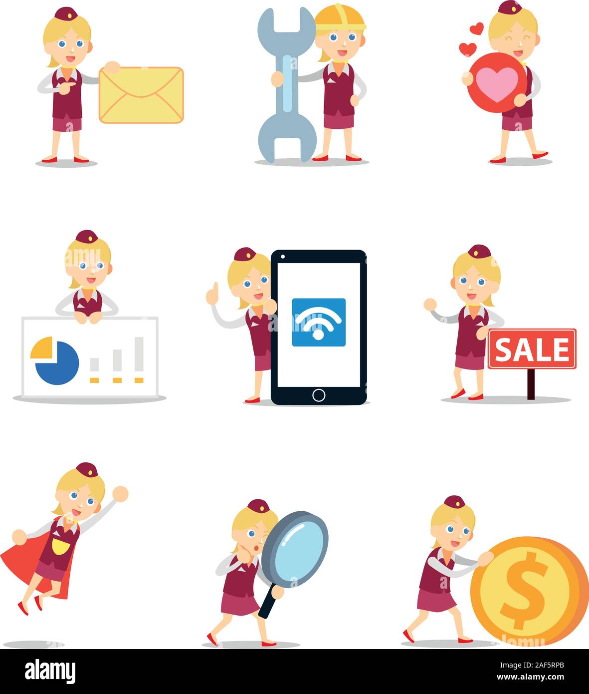 Set of character female a plane flight attendant Stock Vector Image