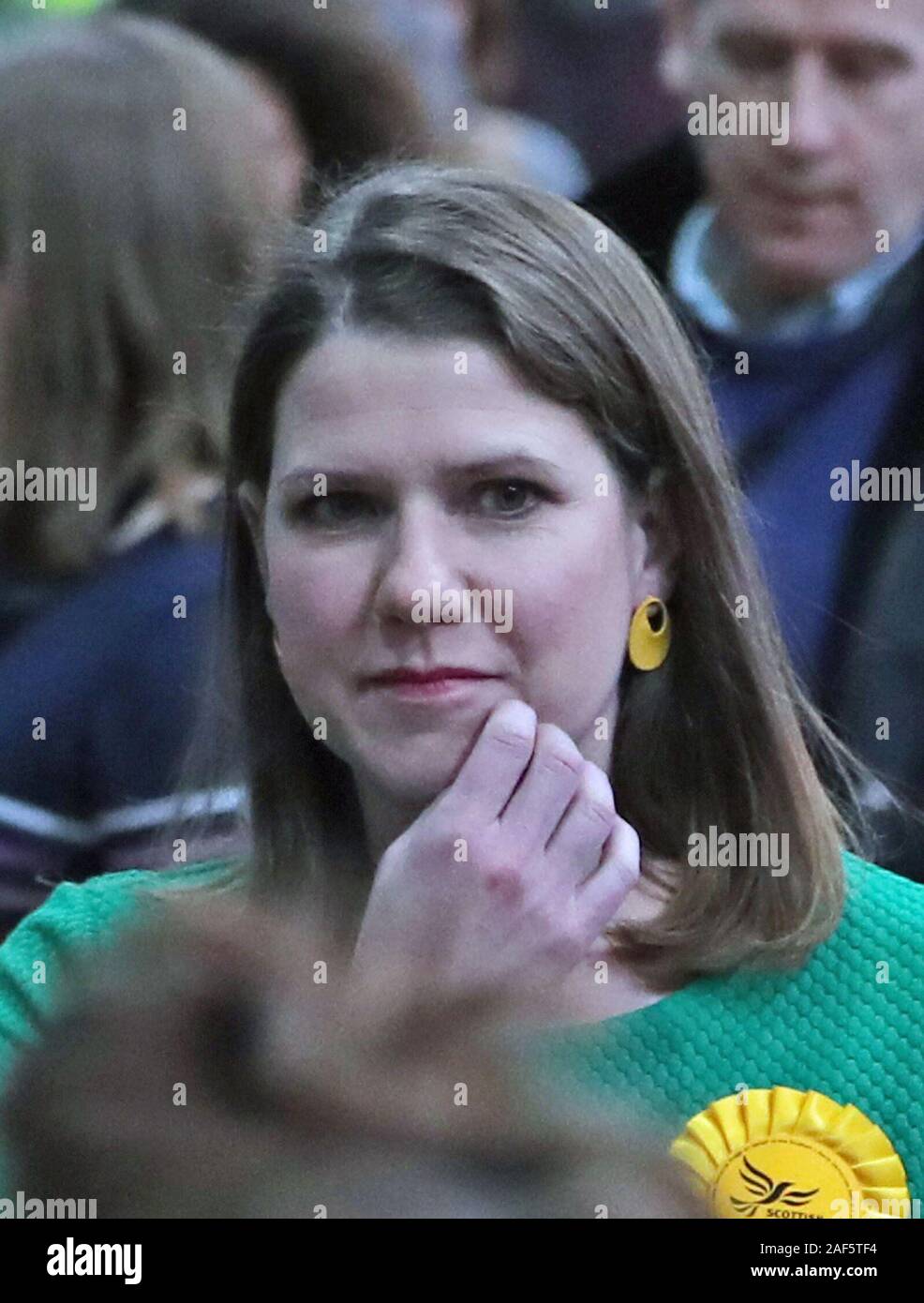 Lib Dem leader Jo Swinson walks to the stage at the count at the Leisuredome, Bishopbriggs, to hear that she had lost her East Dumbartonshire seat in the 2019 General Election. Stock Photo