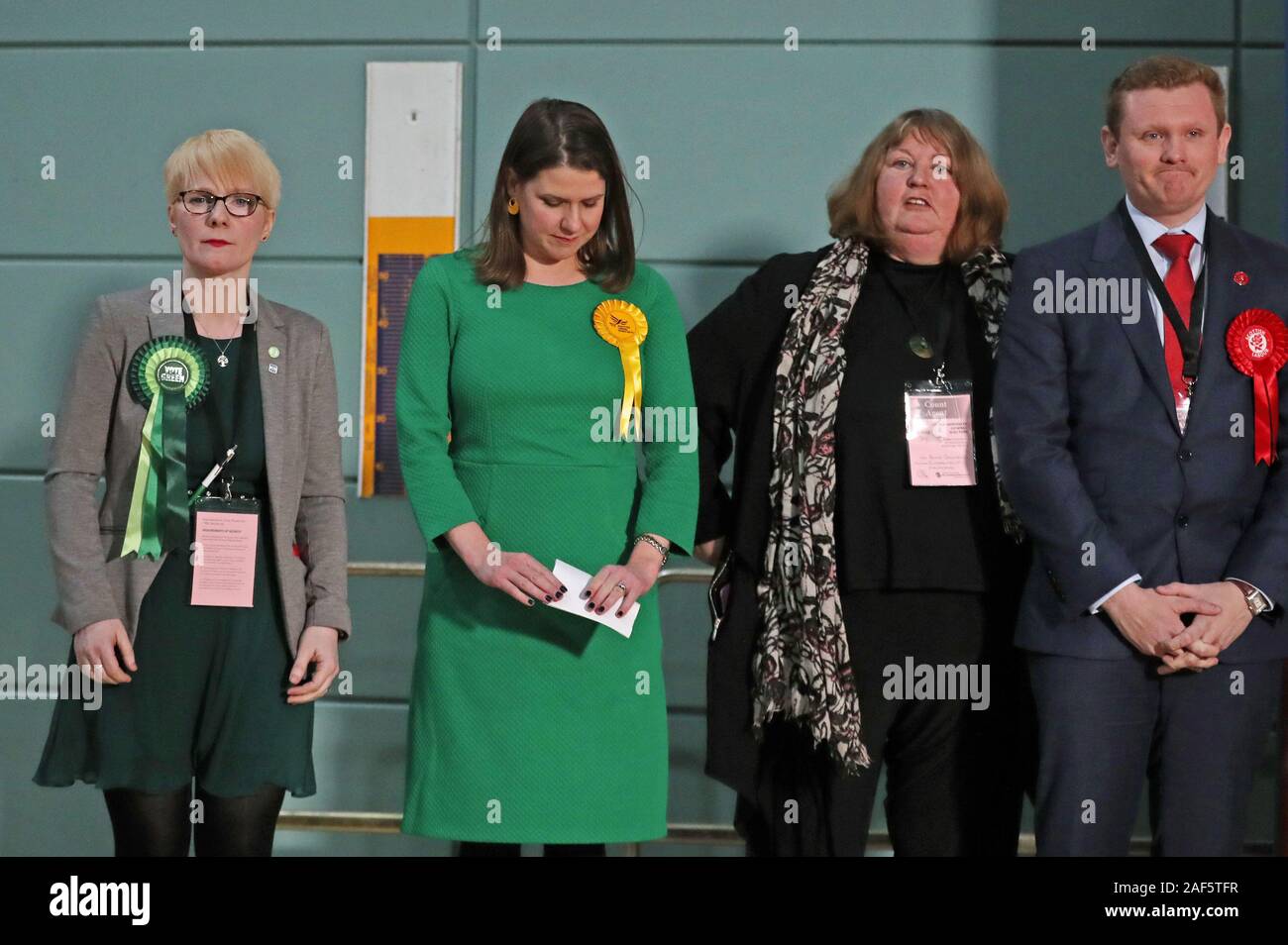 Lib Dem leader Jo Swinson (second left) listens as she loses her East Dumbartonshire constituency in the 2019 General Election, during the count at the Leisuredome, Bishopbriggs. Stock Photo