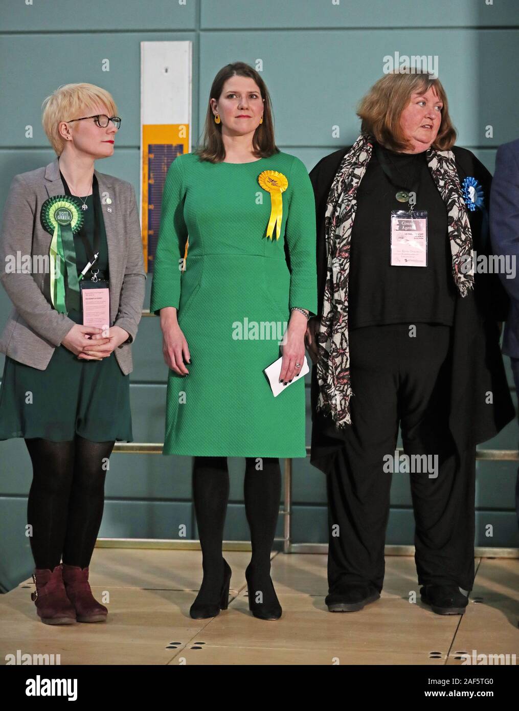 Lib Dem leader Jo Swinson (centre) reacts as she loses her East Dumbartonshire constituency in the 2019 General Election, during the count at the Leisuredome, Bishopbriggs. Stock Photo