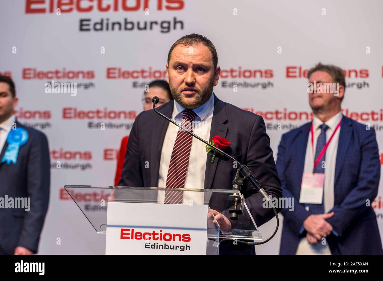 Edinburgh, United Kingdom. 13 December, 2019 Pictured: Ian Murray holds their seat in the Edinburgh South constituency. The count for the UK General Election takes place at the Royal Highland Centre in Edinburgh. The count includes the five Edinburgh constituencies of Edinburgh East, Edinburgh North & Leith, Edinburgh South, Edinburgh South West and Edinburgh West. Credit: Rich Dyson/Alamy Live News Stock Photo
