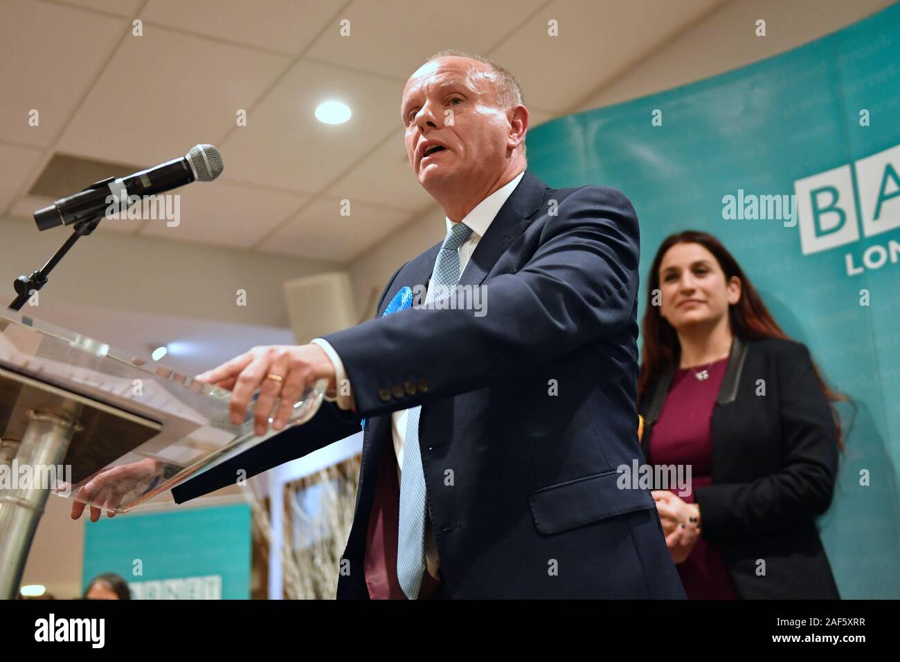 Conservative candidate Mike Freer speaks after winning the Finchley & Golders Green constituency in north London for the 2019 General Election. Stock Photo