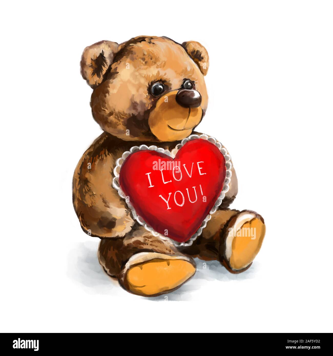 The Drawing of Cute Teddy Bear With Red Heart. Printable Art