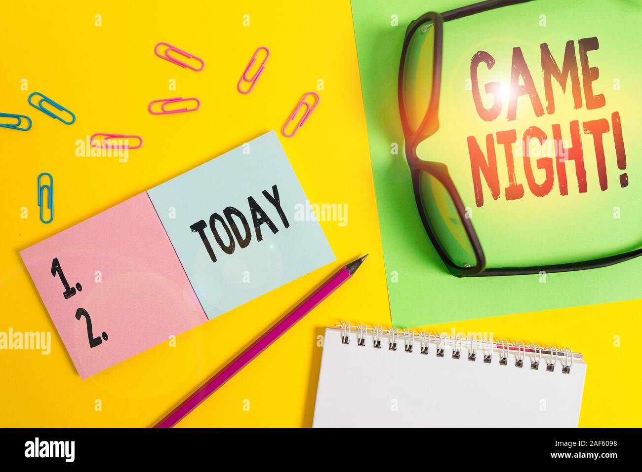 Conceptual hand writing showing Game Night. Concept meaning usually its  called on adult play dates like poker with friends Square blank sticky  notepad Stock Photo - Alamy