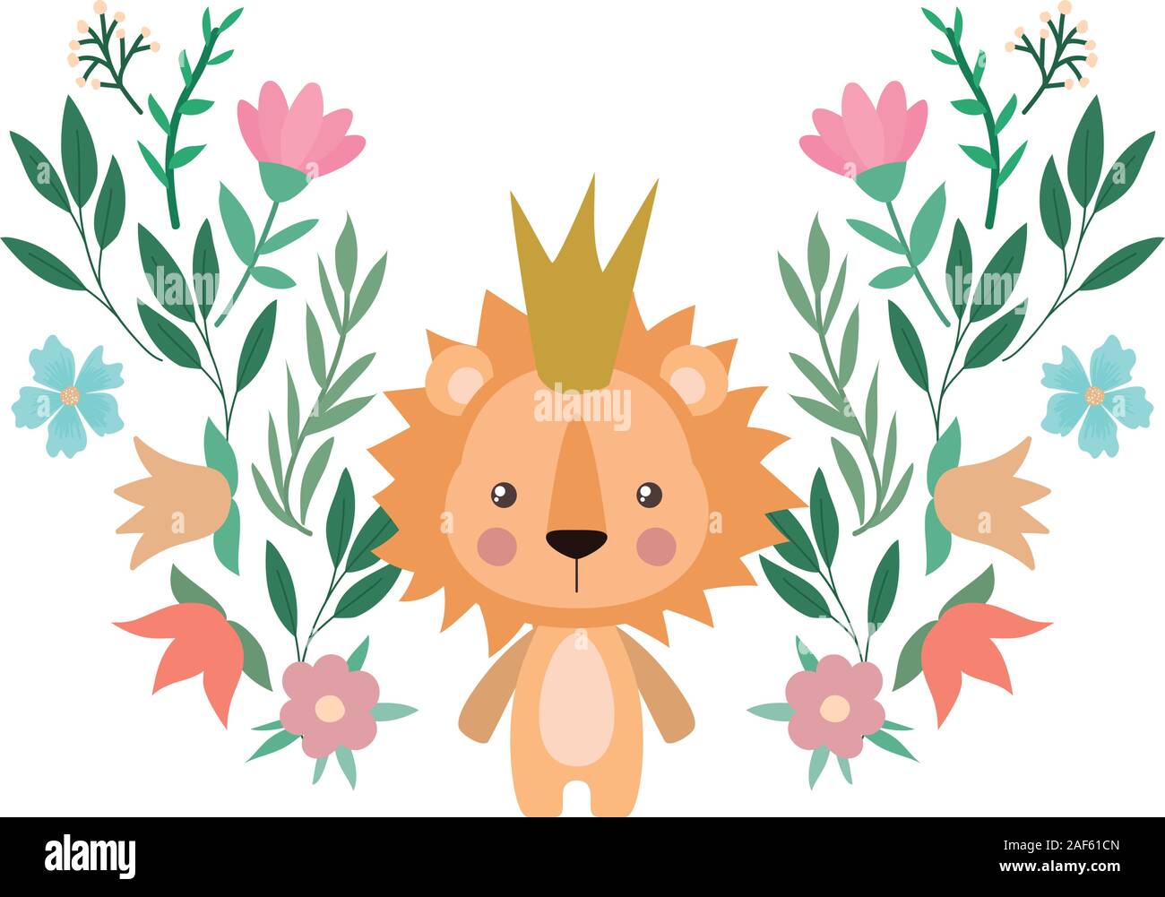 Cute lion with crown flowers and leaves vector design Stock Vector ...