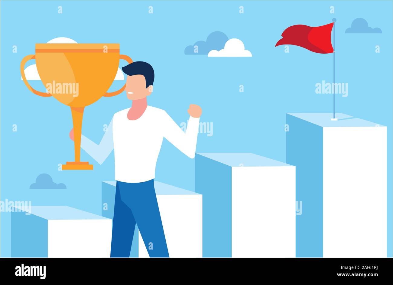 man running up stairway to the top of mountain, way to success vector ...