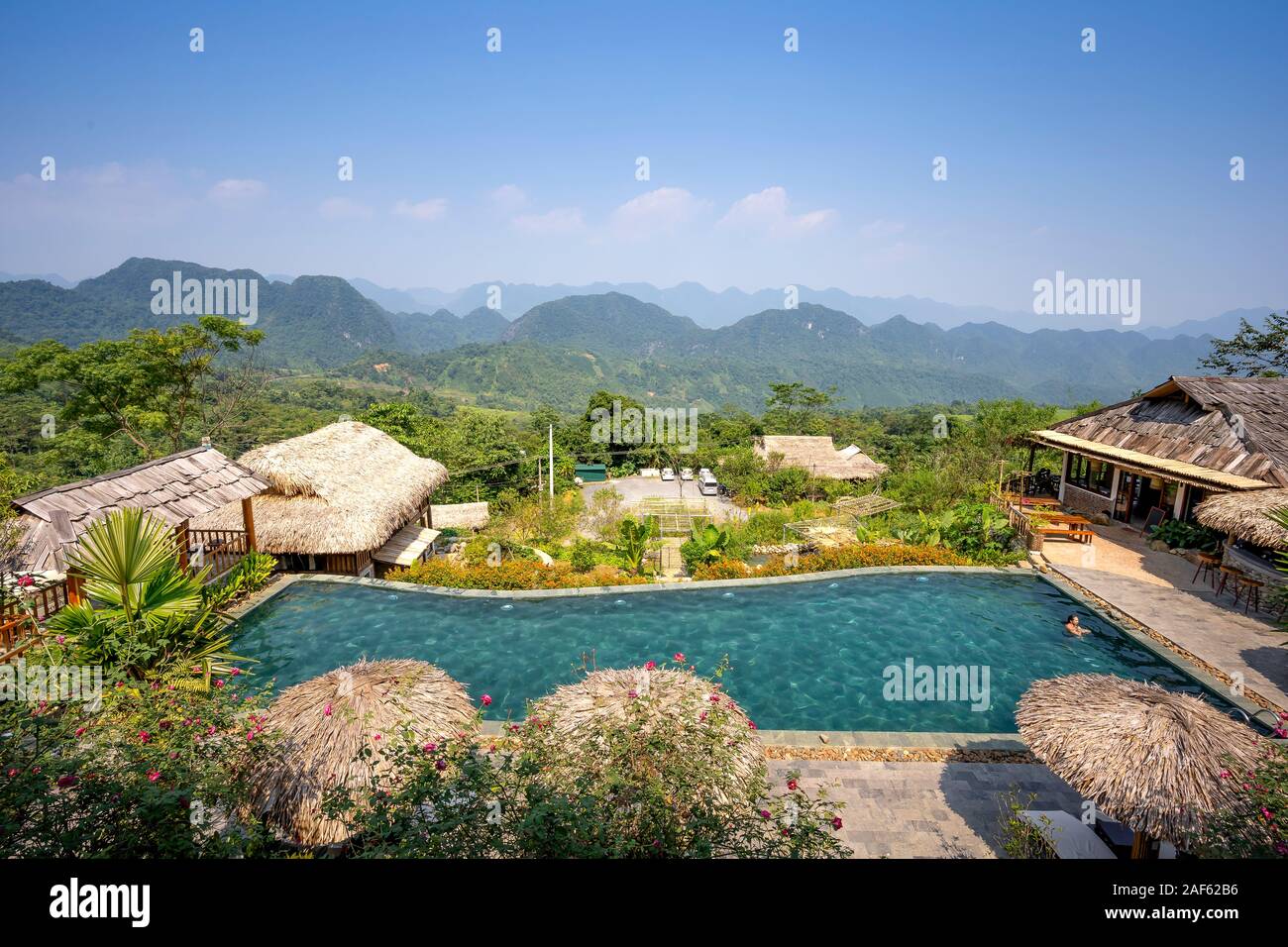 Pu Luong Commune, Thanh Hoa Province, Vietnam - October 1, 2019: Panoramic image of Pu Luong Ecological Park Resort with beautiful mountains in Thanh Stock Photo
