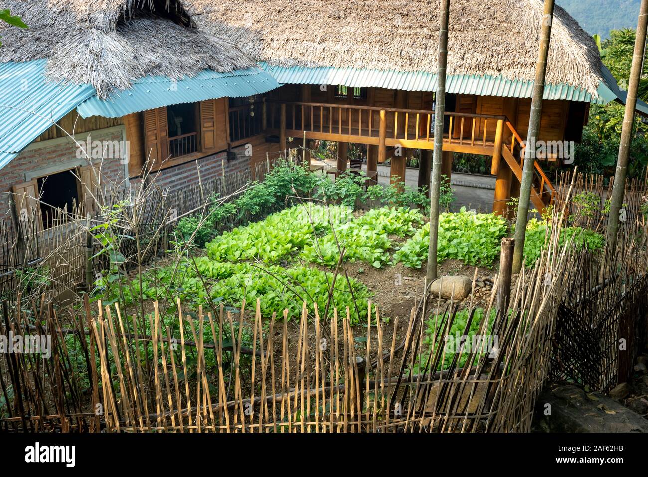 Pu Luong Commune, Thanh Hoa Province, Vietnam - September 30, 2019: Stilt houses of ethnic minorities doing homestay accommodation in Pu Luong Commune Stock Photo