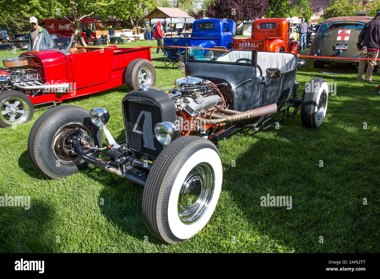 A bucket-T rat rod, built on a 1920 Ford Model T body and heavily modified and customized.  April Action Moab Car Show in Moab, Utah.  Rat rods are ge Stock Photo