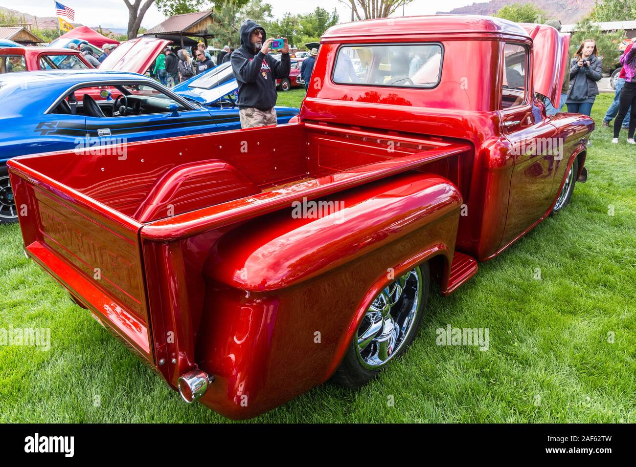 A restored and modified 1957 Chevrolet 3100 Pickup Truck in the  Moab April Action Car Show in Moab, Utah. Stock Photo