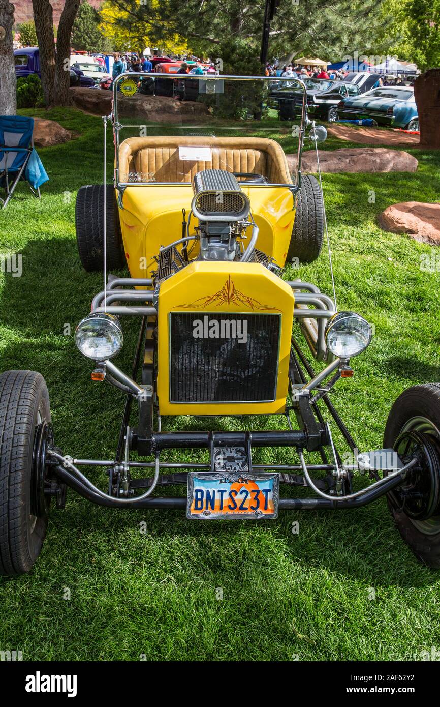 A 1923 T-bucket hot rod built on a heavily modified Ford Model T body with a supercharged engine in the Moab April Action Car Show in Moab, Utah. Stock Photo