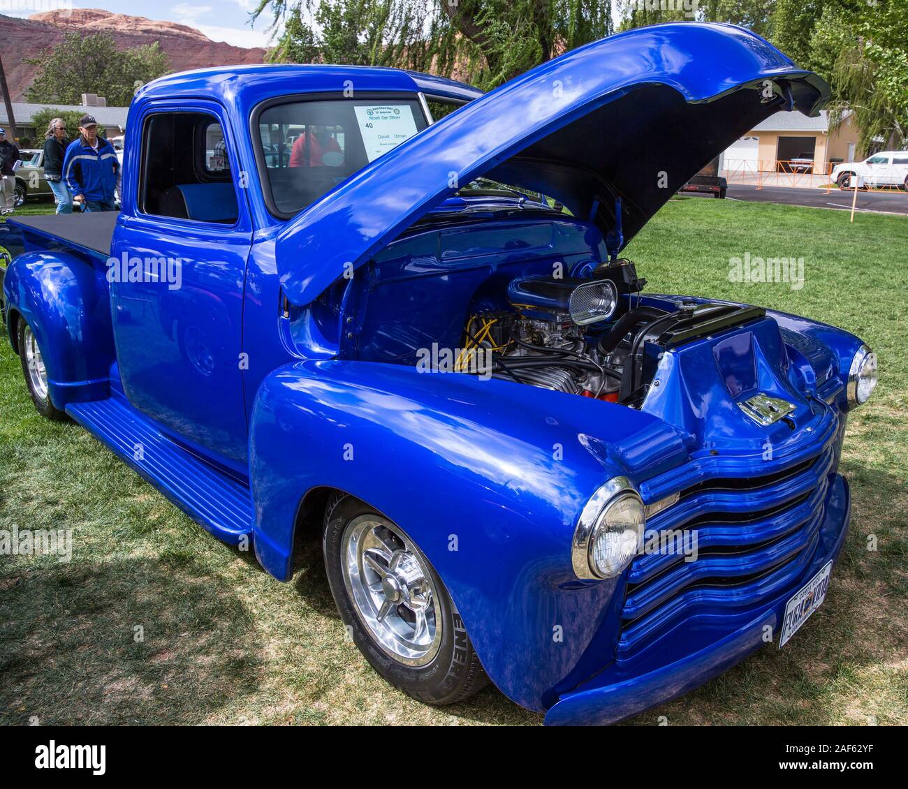 A restored and modified blue 1951 Chevy 3100 Pickup Truck in the Moab April Action Car Show in Moab, Utah. Stock Photo