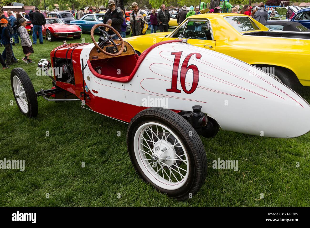 A restored stock Ford 1916 Model T Indianapolis 500 racer in the Moab April Action Car Show in Moab, Utah. Stock Photo