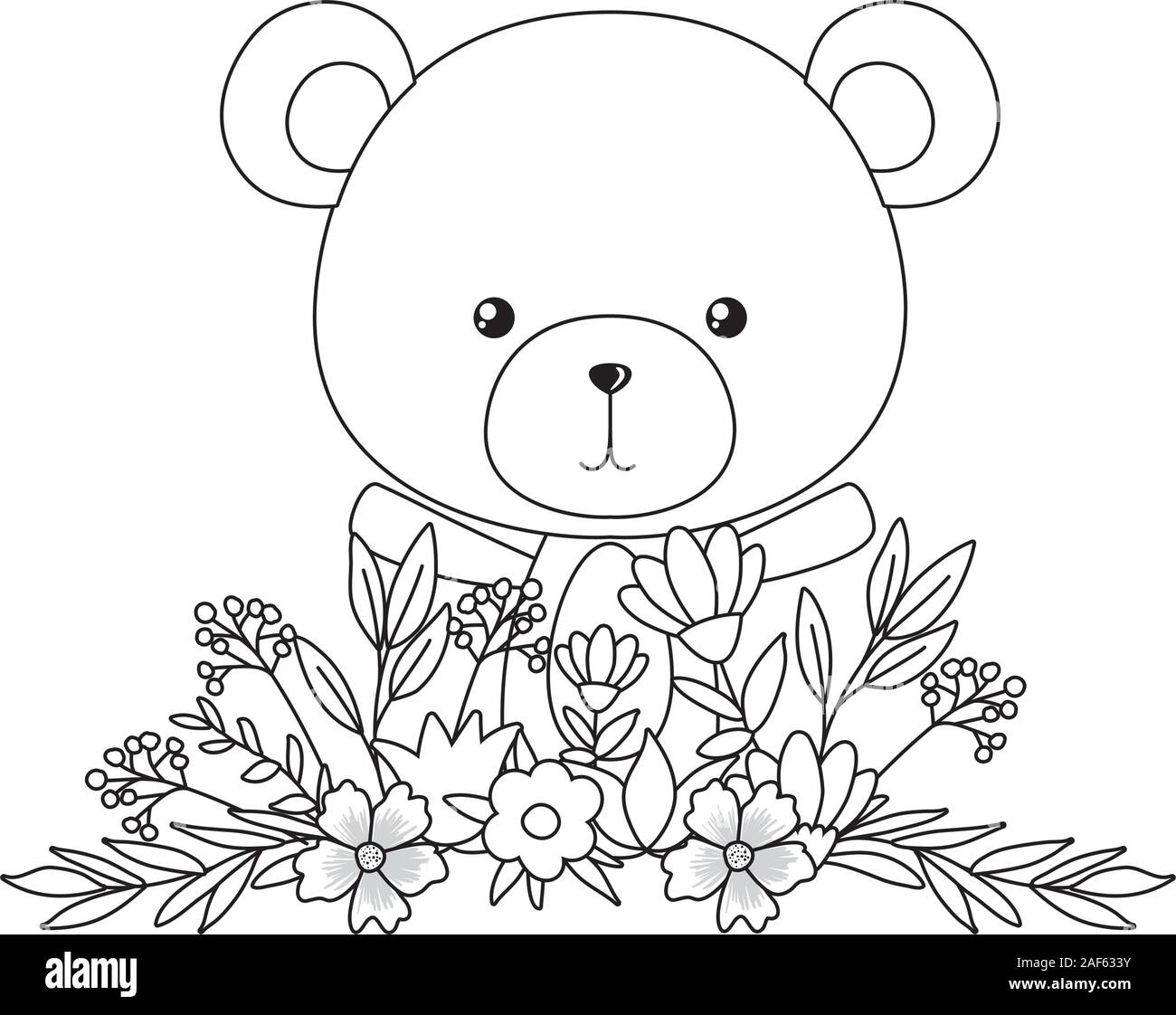 Cute bear with flowers and leaves vector design Stock Vector Image