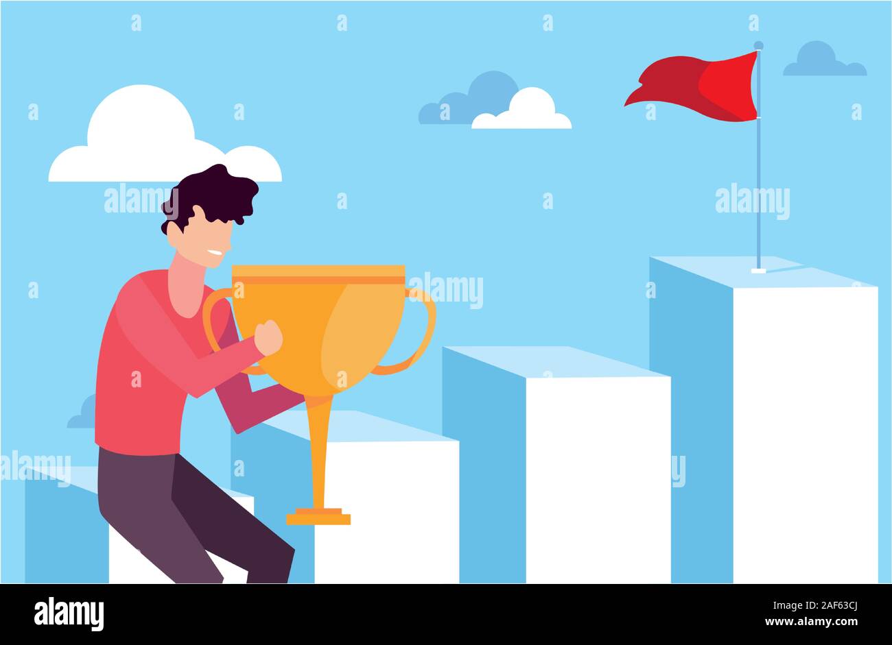 man running up stairway to the top of mountain, way to success vector ...