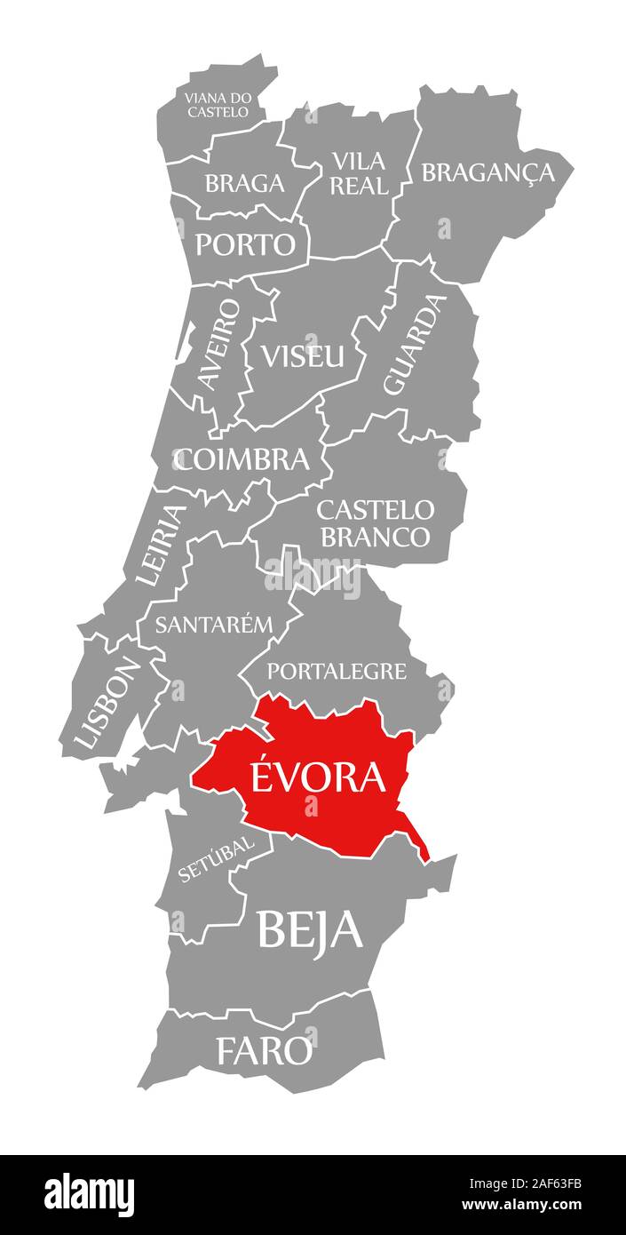 Evora red highlighted in map of Portugal Stock Photo