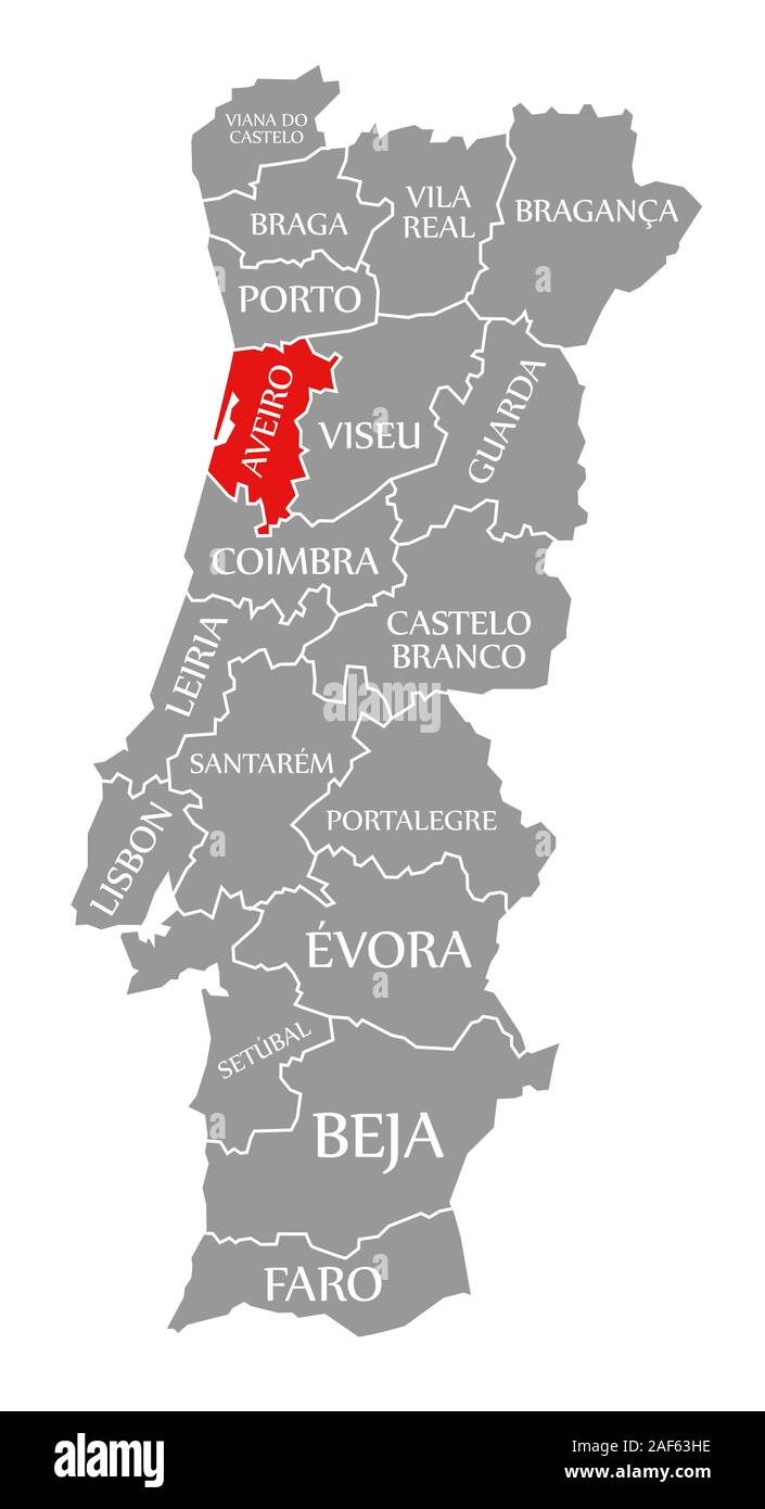 Aveiro red highlighted in map of Portugal Stock Photo