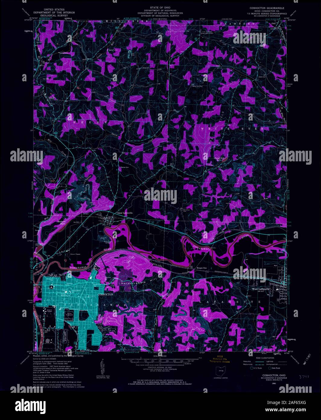 USGS TOPO Map Ohio OH Coshocton 224571 1961 24000 Inverted Restoration Stock Photo