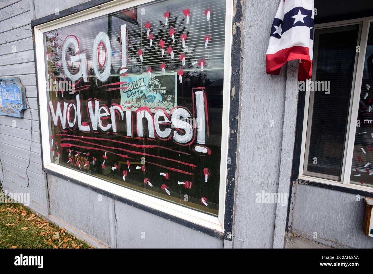 Go Wolverines painted on West Yellowstone News building, West Yellowstone, USA Stock Photo