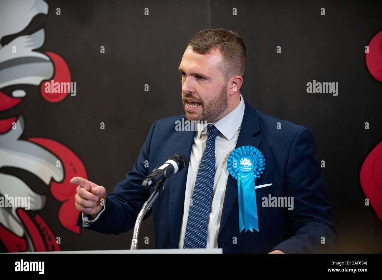 Stoke-on-Trent, UK. 13 December 2019. New Conservative MP for Stoke North Jonathan Gullis at Fenton Manor. The Conservative Party won all three Stoke-on-Trent seats when results were called shortly after 4am. Credit: Benjamin Wareing/ Alamy Live News Stock Photo