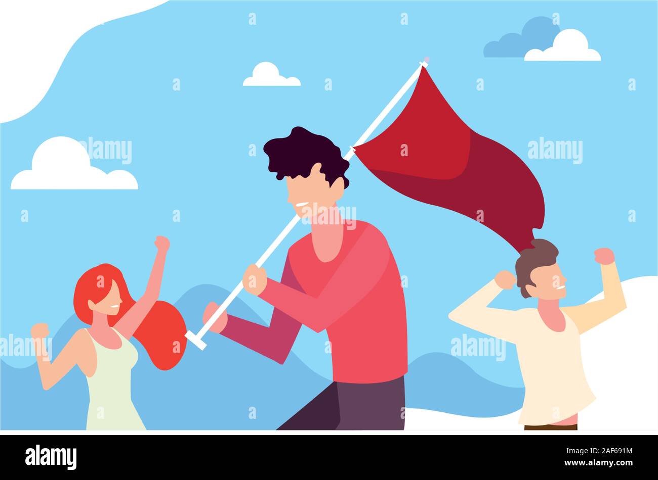 group of people holding a red flag vector illustration design Stock Vector