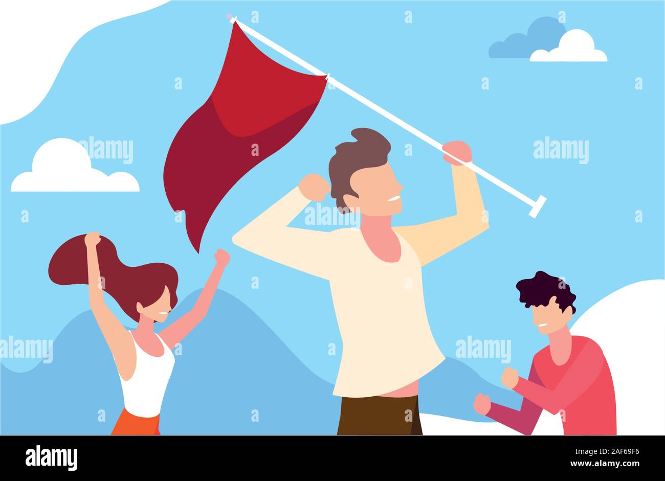 group of people holding a red flag vector illustration design Stock Vector