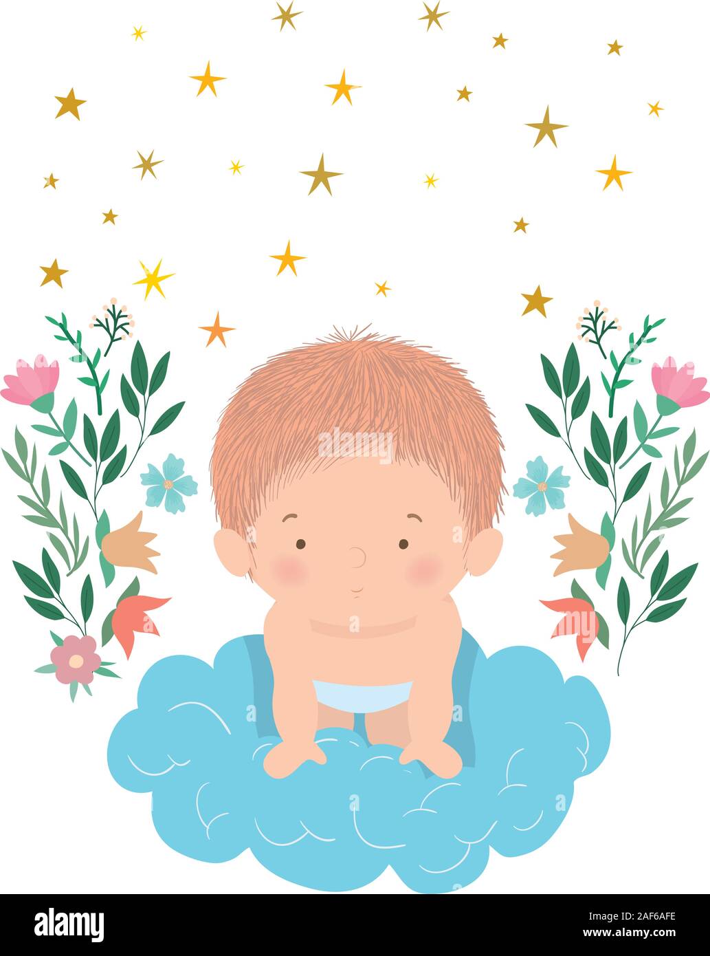 Cute baby boy over cloud with flowers and leaves vector design Stock ...