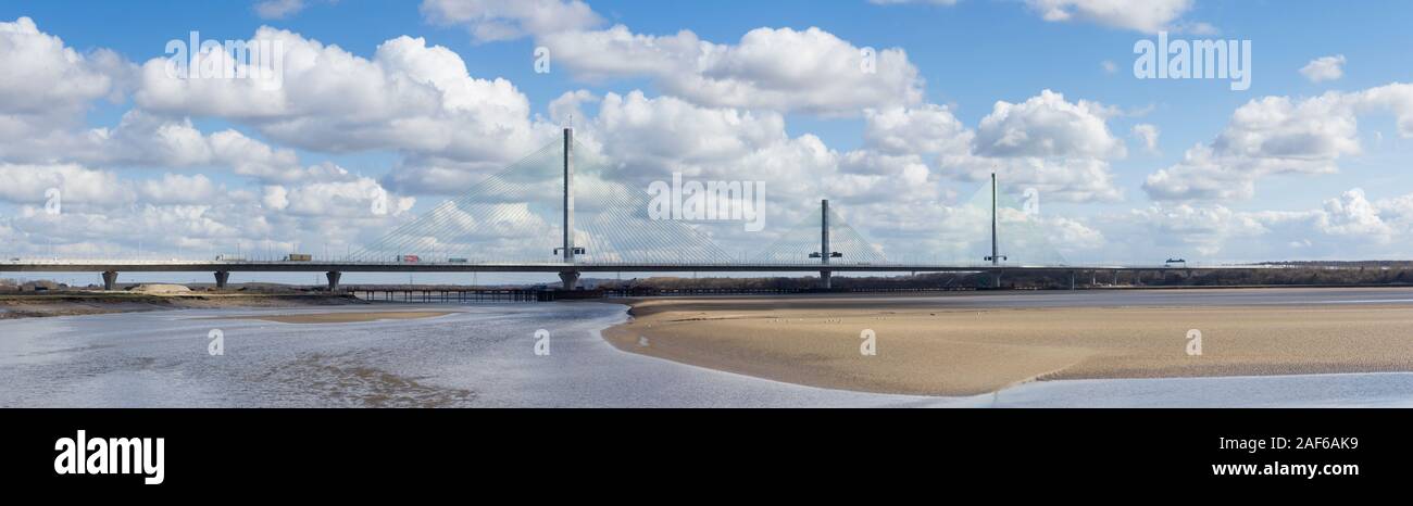 Mersey Gateway Bridge spans the River Mersey and the Manchester Ship Canal, carrying the A533 road between Widnes and Runcorn in Cheshire. Stock Photo