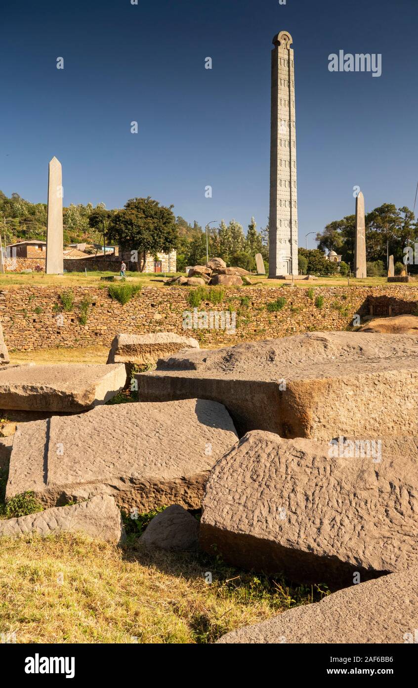 Ethiopia, Tigray, Axum (Aksum), Stelae Park, ancient Royal family memorial obelisks Stock Photo