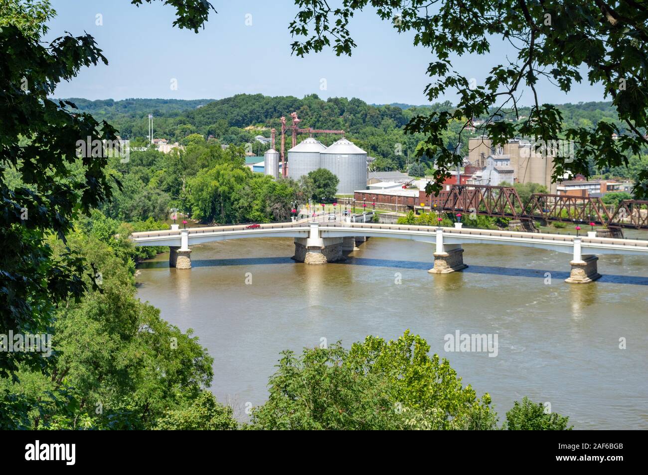 The Y shaped bridge in Zanesville, Ohio with the town and grain ...