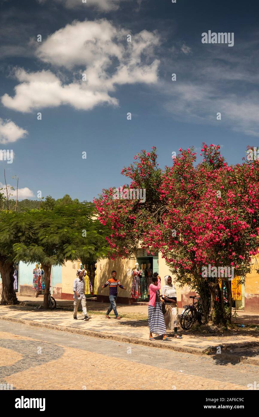 Ethiopia, Tigray, Axum (Aksum), old quarter, people walking along pavement below colourful trees in flower Stock Photo