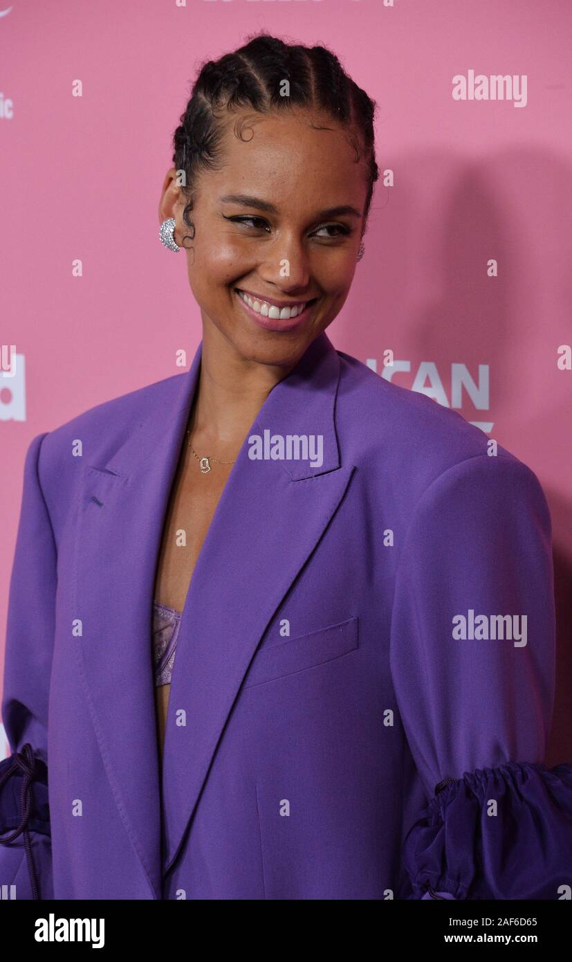 Los Angeles, United States. 13th Dec, 2019. Singer Alicia Keys arrives for the 14th annual Billboard Women in Music event at the Hollywood Palladium in Los Angeles on Thursday, December 12, 2019. Keys was honored with the American Express Impact Award. Taylor Swift became the first-ever recipient of Billboard's Woman of the Decade Award. Alanis Morissette, Nicki Minaj, Brandi Carlile and Roc Nation chief operating officer Desiree Perez were also honored at the gathering. Photo by Jim Ruymen/UPI Credit: UPI/Alamy Live News Stock Photo