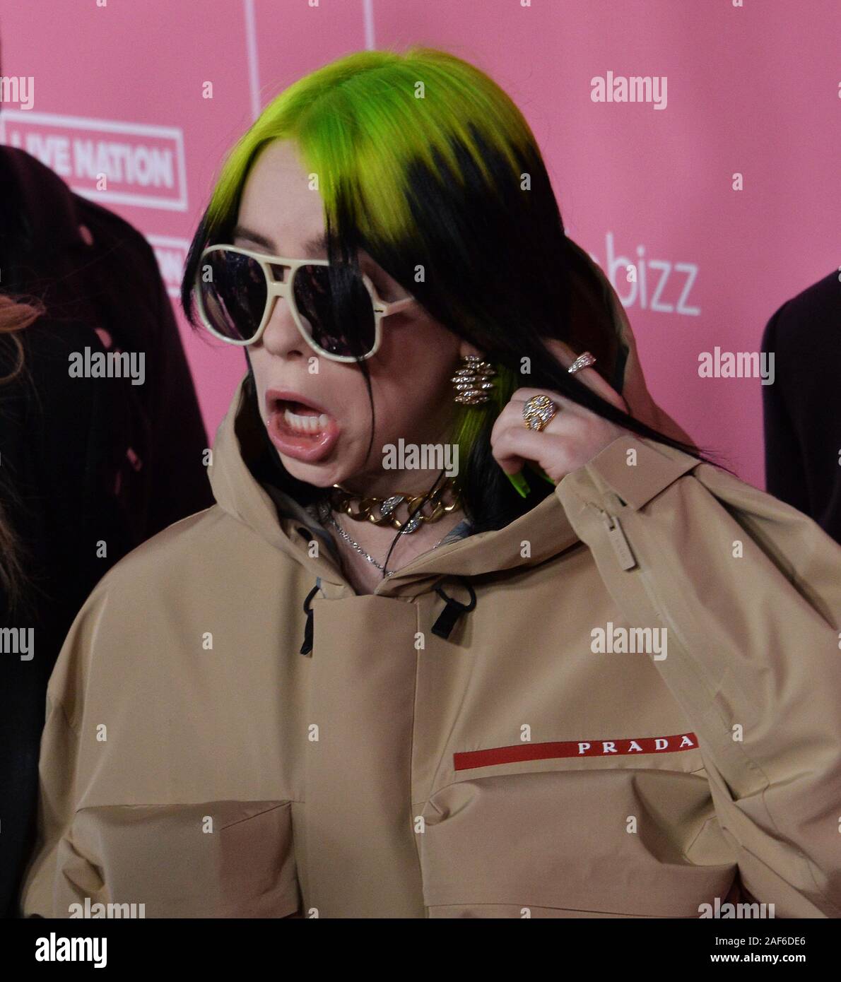 Los Angeles, United States. 13th Dec, 2019. Singer and songwriter Billie Eilish arrives for the 14th annual Billboard Women in Music event at the Hollywood Palladium in Los Angeles on Thursday, December 12, 2019. Taylor Swift became the first-ever recipient of Billboard's Woman of the Decade Award. Alanis Morissette, Nicki Minaj, Brandi Carlile and Roc Nation chief operating officer Desiree Perez were also honored at the gathering. Photo by Jim Ruymen/UPI Credit: UPI/Alamy Live News Stock Photo