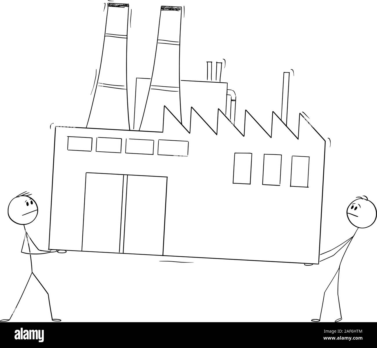 Vector cartoon stick figure drawing conceptual illustration of two men or businessmen carrying the factory, business concept of relocating or moving of manufacturing sector to low-cost country. Stock Vector