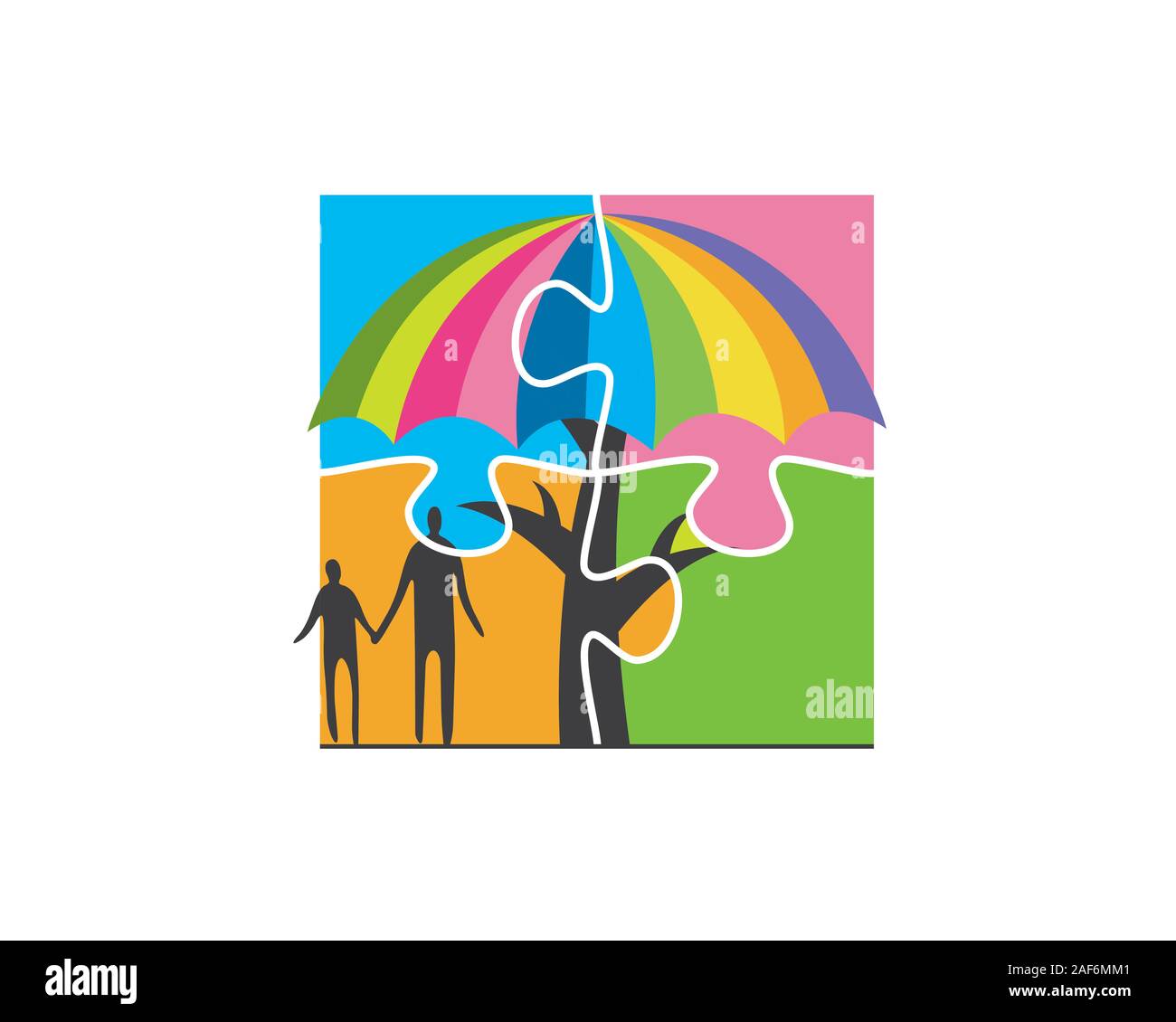 dad holds his sons hands and walk together under an aumbrella tree Stock Vector