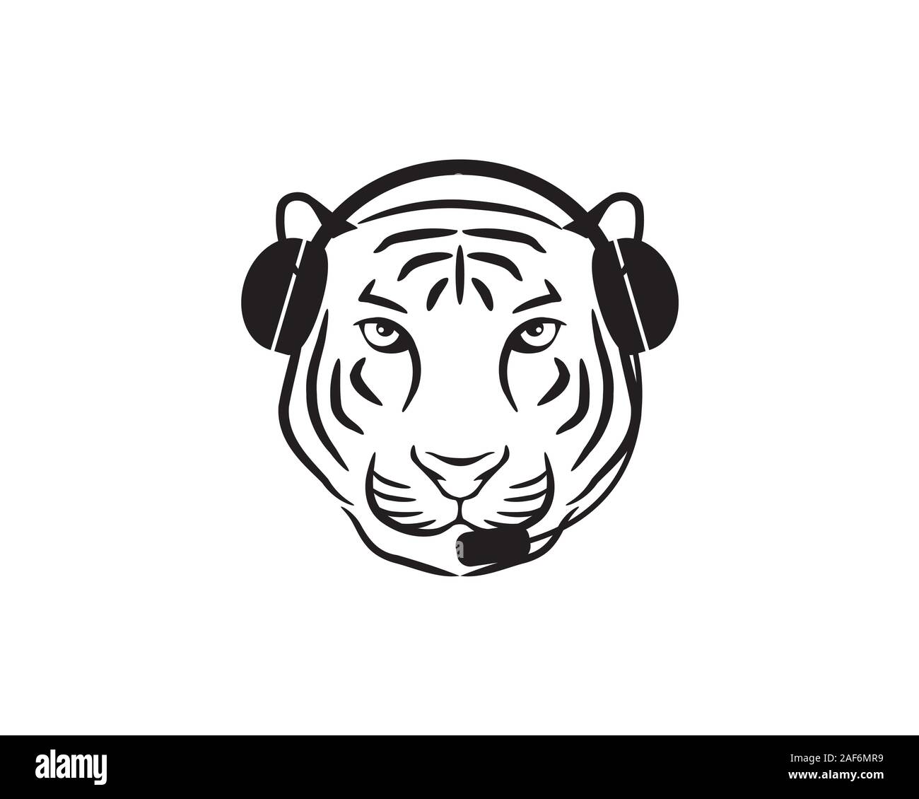 tiger head with headphone on his ears and mic in his mouth as a customer services operator Stock Vector