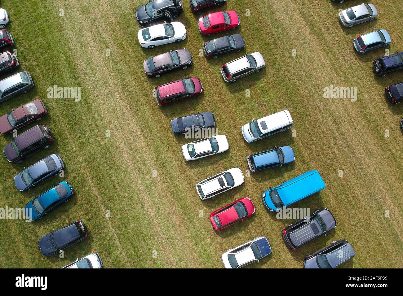 car parking on the lawn, top view Stock Photo