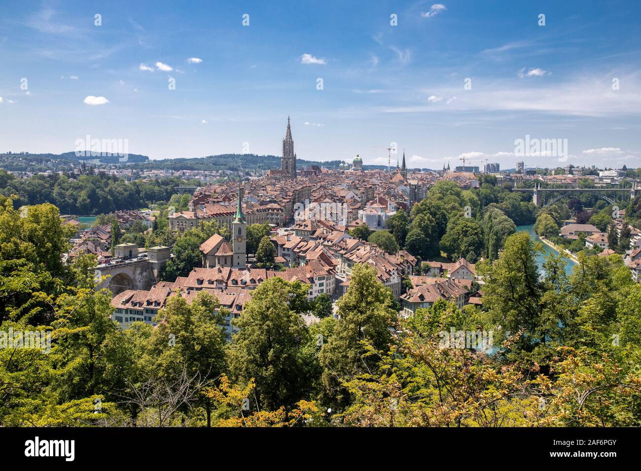 Panorama view of Bern old town between maple trees, Switzerland Stock Photo