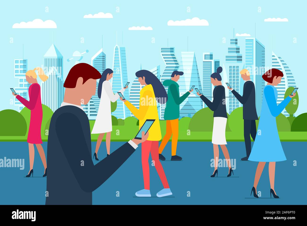 Crowd men and women walking on future city park using smartphones. Internet social network addiction concept. Millenial influencer group holding mobile gadgets on parkland. Vector illustration Stock Vector