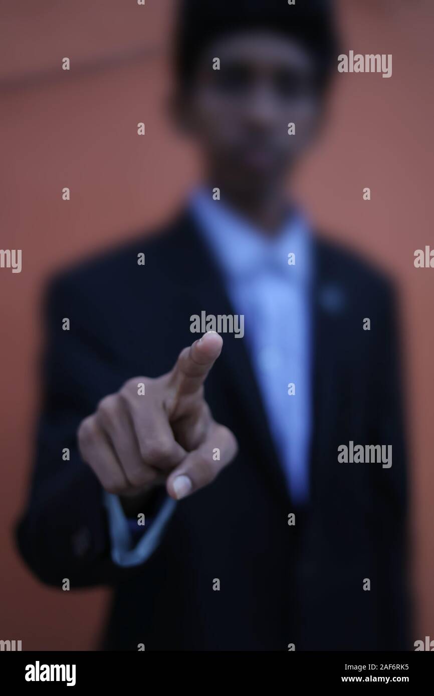 Businessman hand touching empty virtual screens Stock Photo