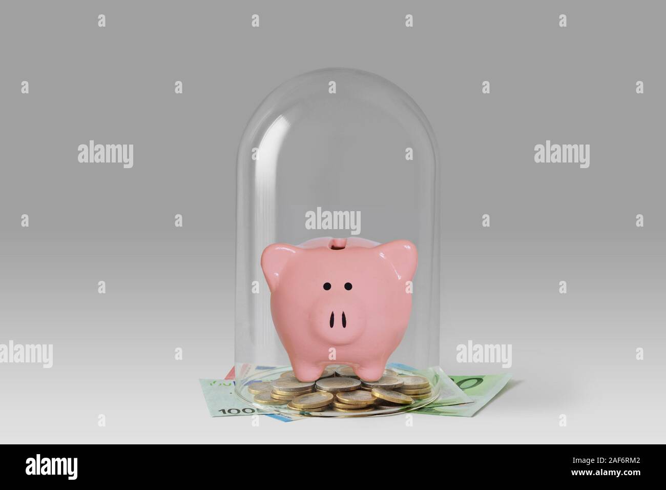 Piggy bank and money under glass bell - Concept of money protection and financial security Stock Photo