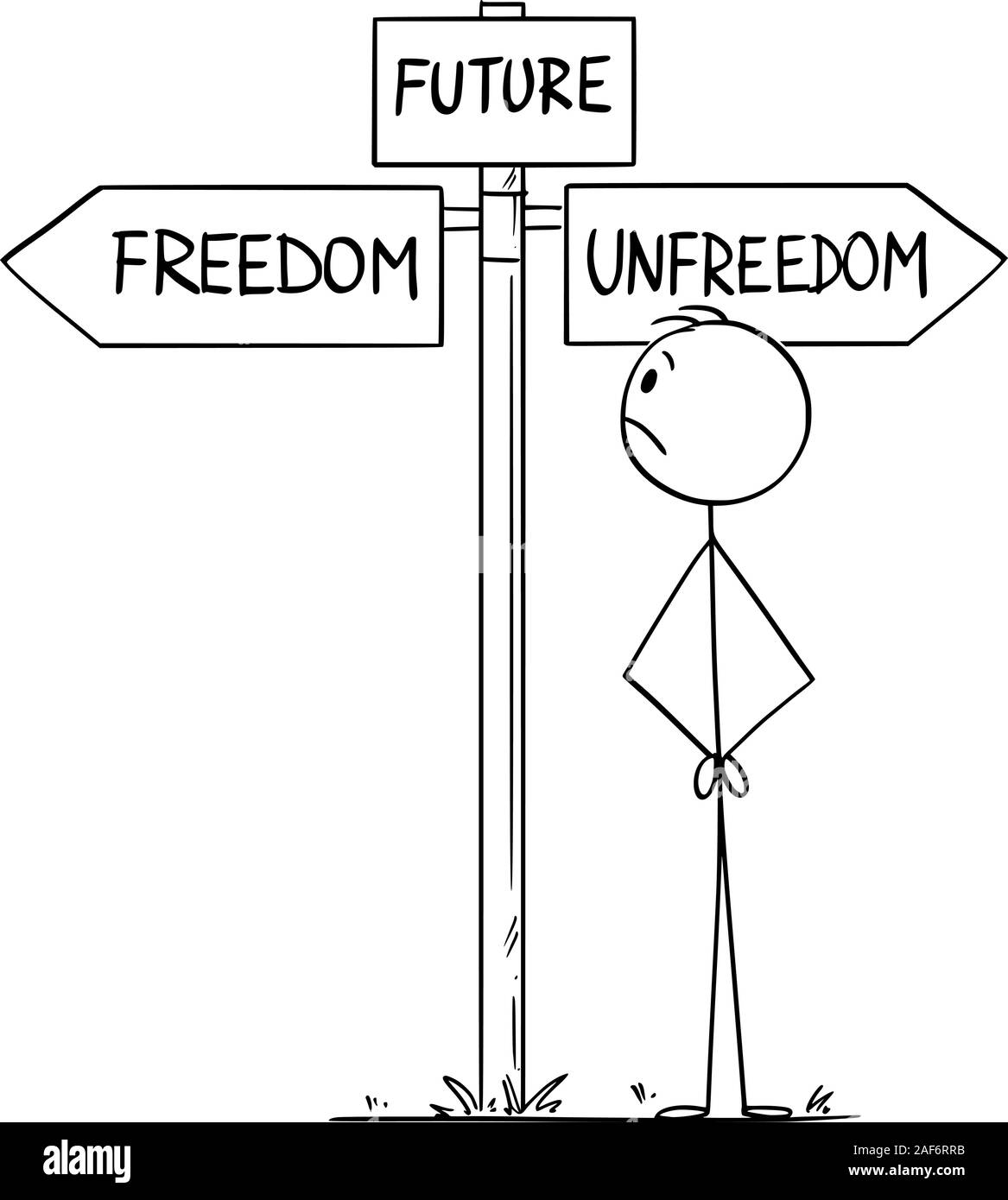 Vector cartoon stick figure drawing conceptual illustration of man standing on crossroad representing human civilization or mankind choosing the future between freedom and unfreedom. Stock Vector