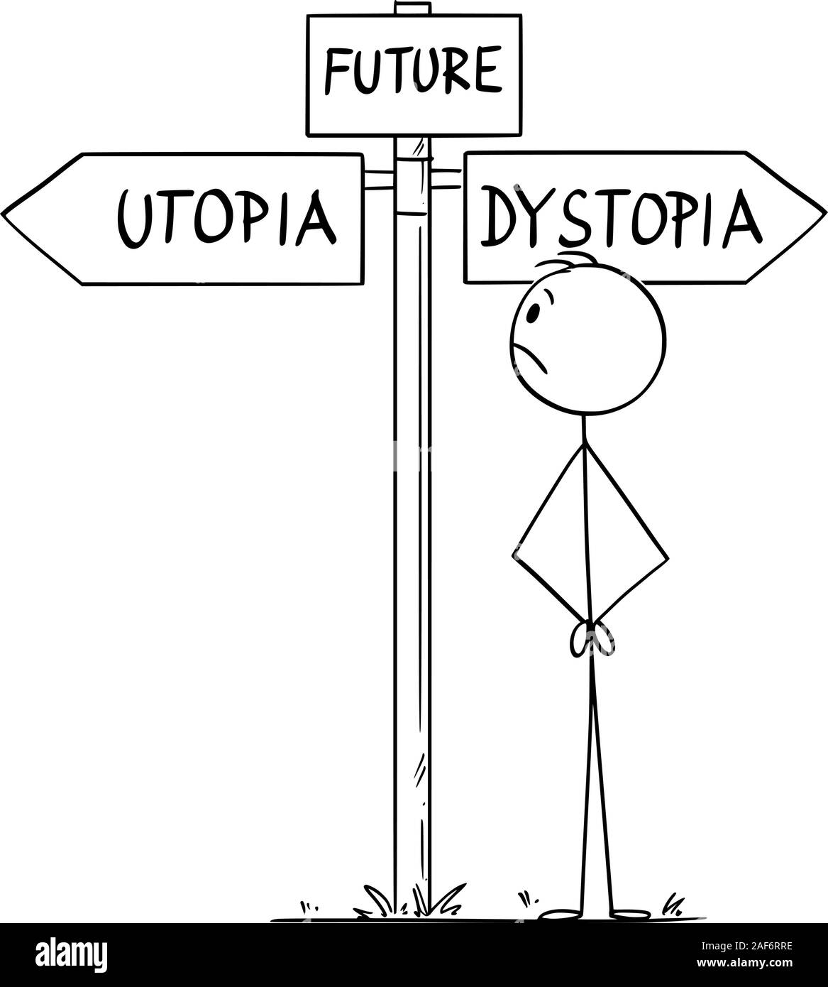 Vector cartoon stick figure drawing conceptual illustration of man standing on crossroad representing human civilization or mankind choosing the future between utopia and dystopia. Stock Vector
