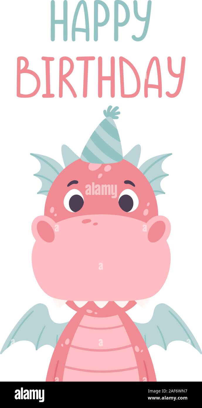 Cute cartoon dragon. Festive toothy smiling pink funny dinosaur with