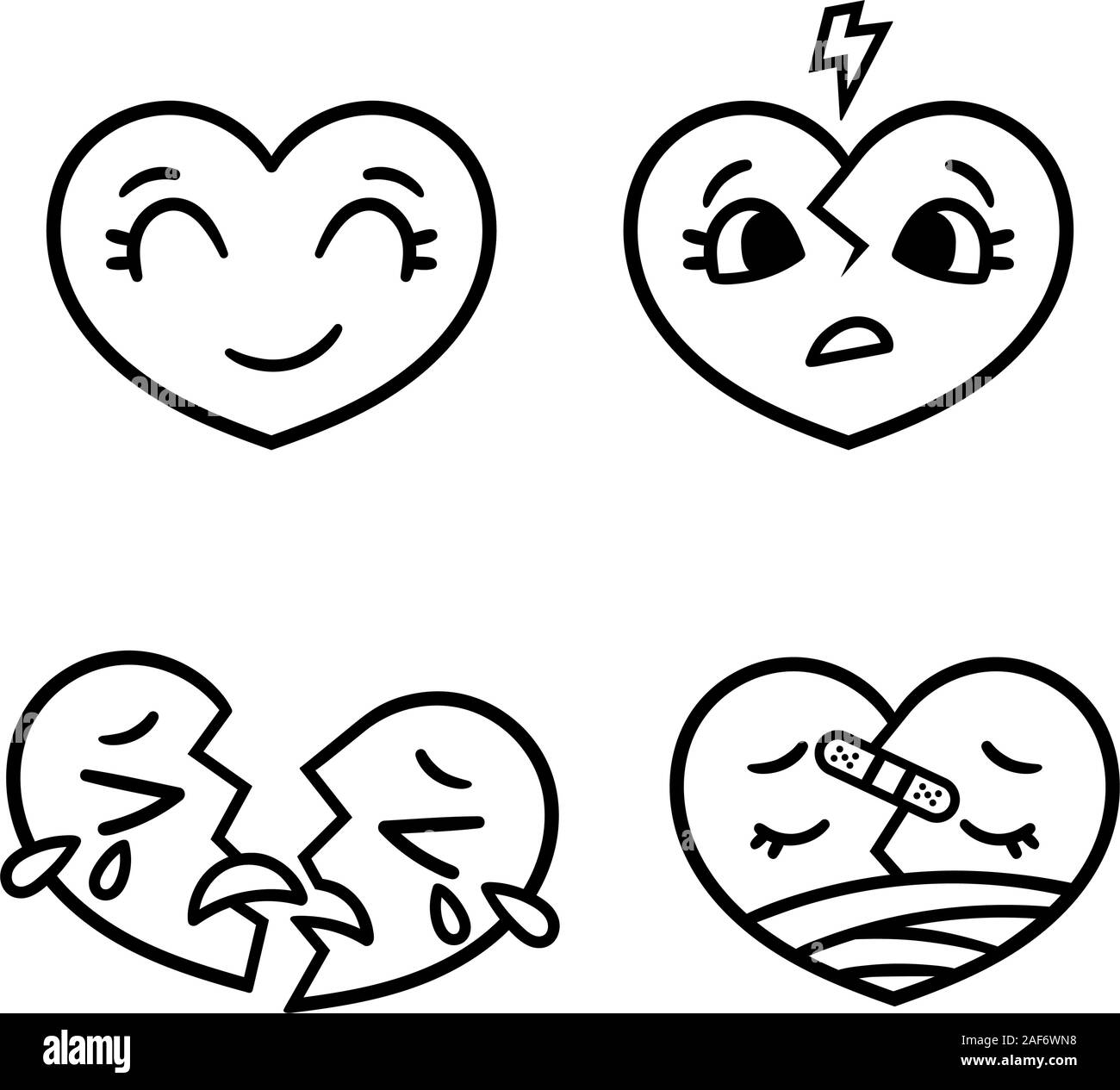 Cute cartoon emoticon hearts set, happy, sad, broken. Doodle style vector illustration. Isolated on white background. Heart collection. Emoticons. Emo Stock Vector