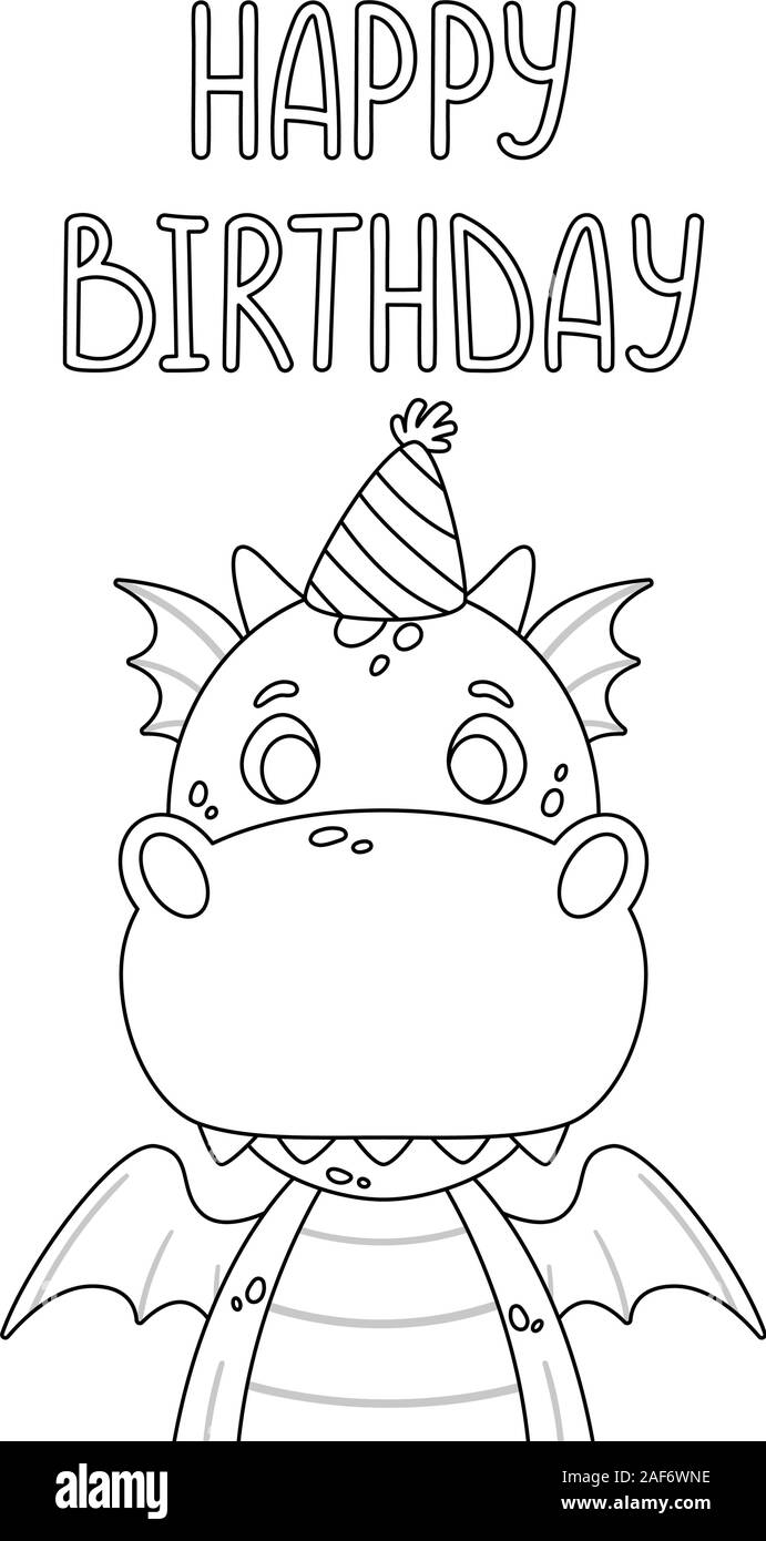 Cute cartoon dragon. Festive toothy smiling pink funny dinosaur with blue wings. Scandinavian style. Happy birthday greeting card. Vector illustration Stock Vector