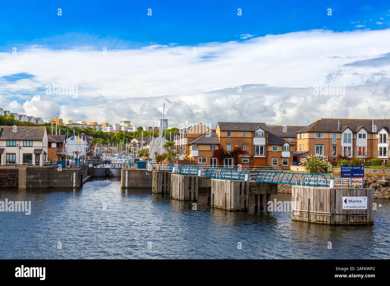 The entrance to Penarth Quays Marina in Cardiff Bay with attractive new