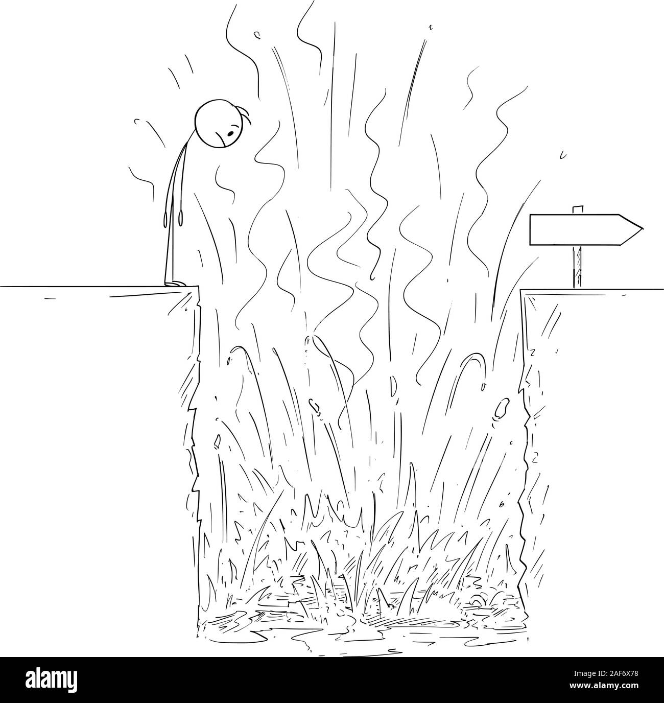 Vector cartoon stick figure drawing conceptual illustration of man or businessman looking at hole with hot lava and fire, as obstacle in his way to success or career. Stock Vector
