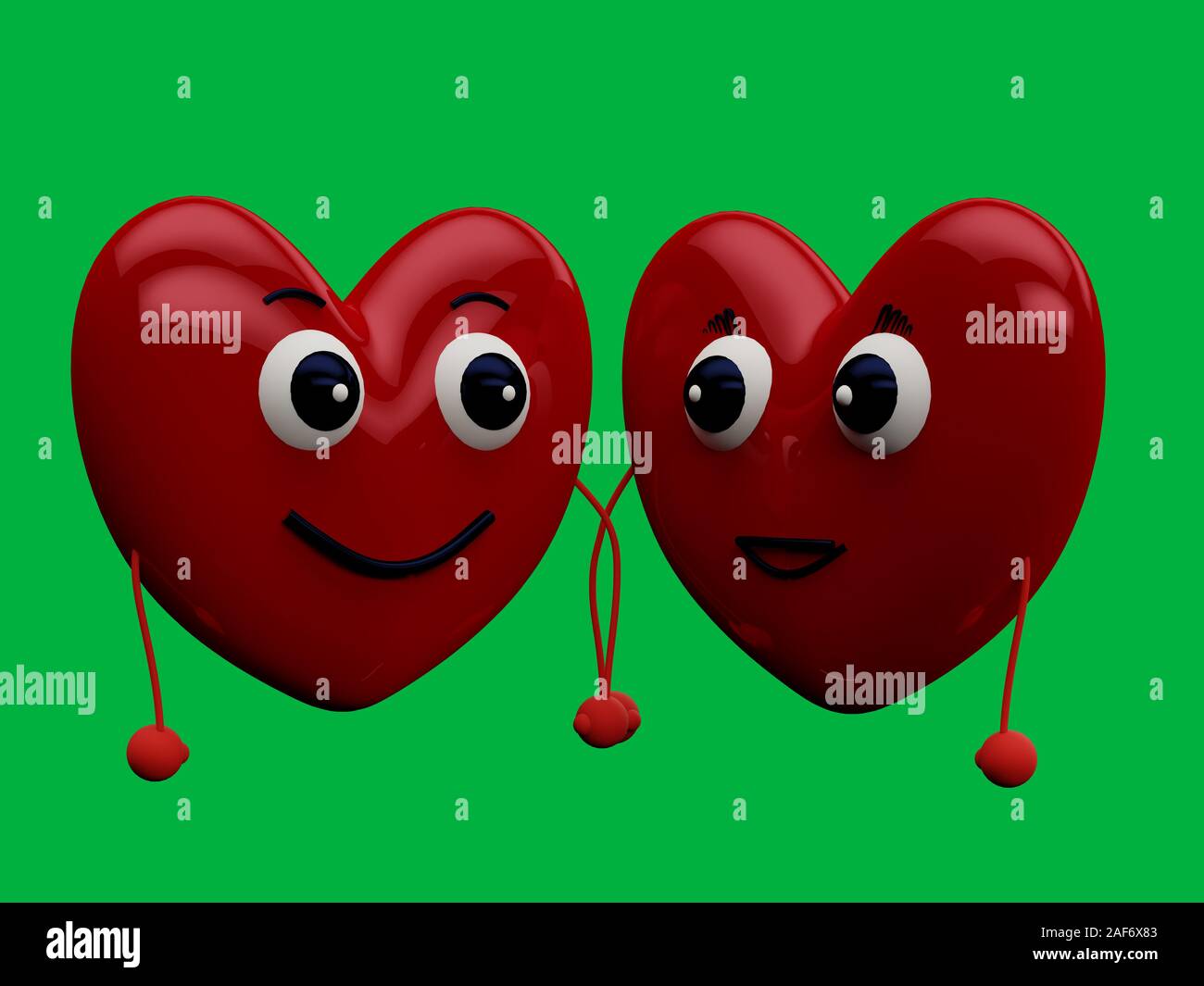 A couple of hearts characters holding hands and looking each other in love green chroma key background - 3D rendering Concept Stock Photo