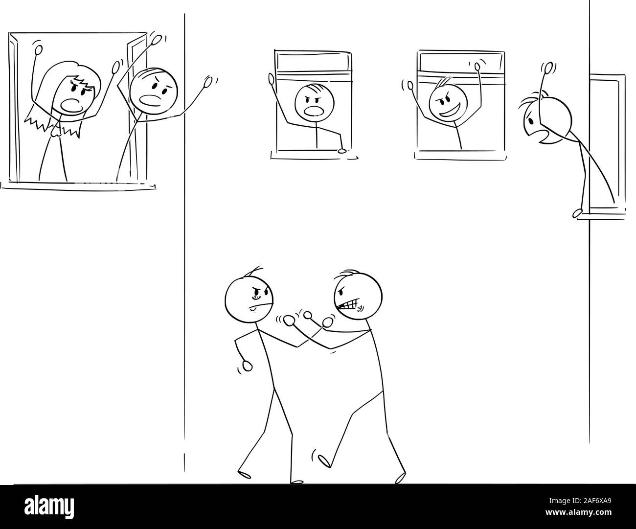 Vector cartoon stick figure drawing conceptual illustration of two angry men fighting or fistfighting on the street, people living in houses around are cheering from windows. Stock Vector
